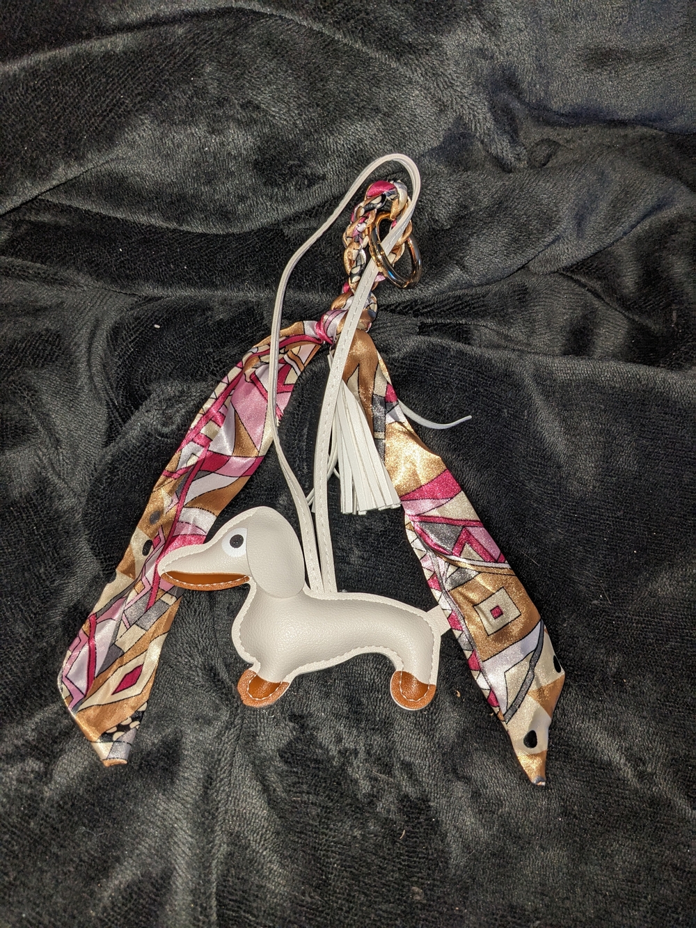 White Dachshund Dog Bag Charm with Patterned Scarf Accent